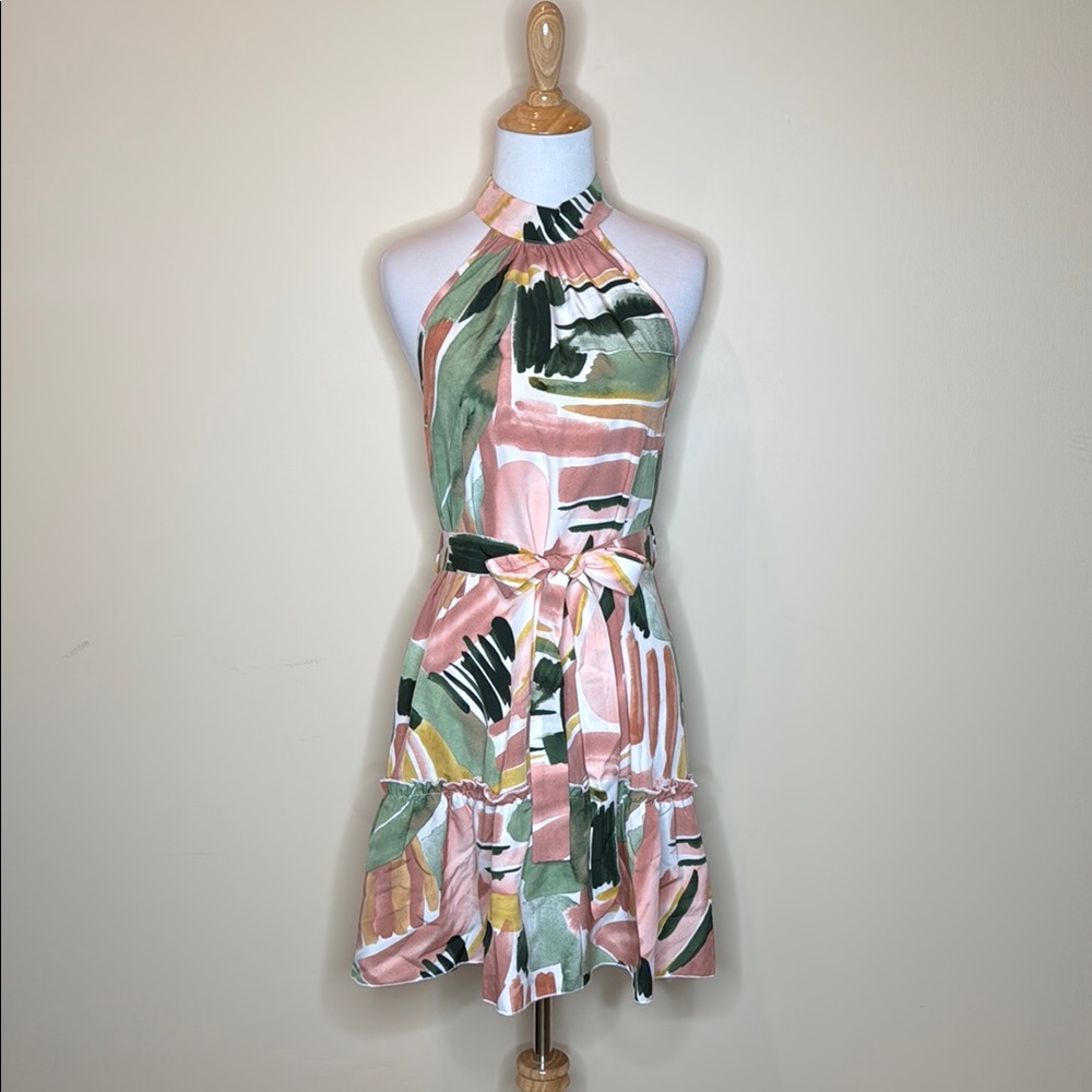 White and Pink Sleeveless Halter Sundress